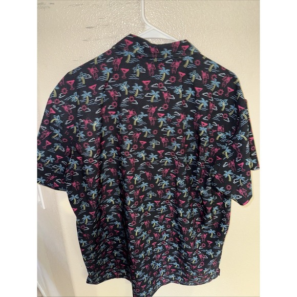 Retro Rifle Shirt Mens XL Black Pink Tropical Palm Girl Martini Button Real Nice - Picture 2 of 2